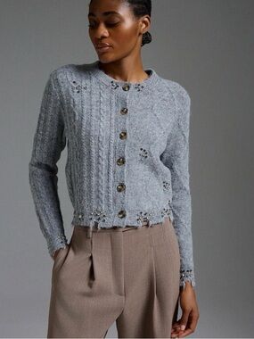 Zara Light Gray Beaded Cable-Knit Button Cardigan